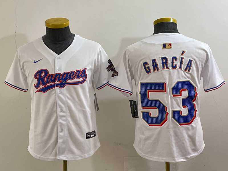 Youth Texas Rangers #53 Adolis Garcia White 2024 Gold Collection Limited Cool Base Jersey